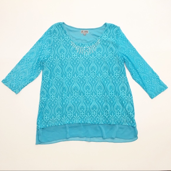 JM Collection Tops - JM Collection Blue Lace Overlay Top (L)